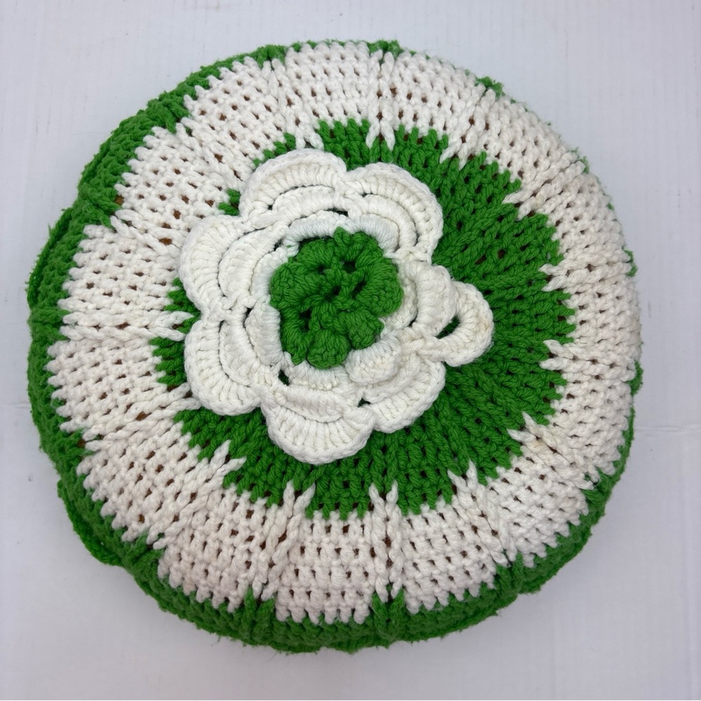 Vintage Crochet Pillow Flower Green White Knit Handmade Foam Cushion Retro
